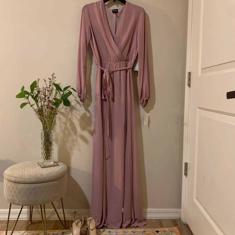 Nordstroms dusty rose floor-length wrap dress. Perfect for any formal occasion!